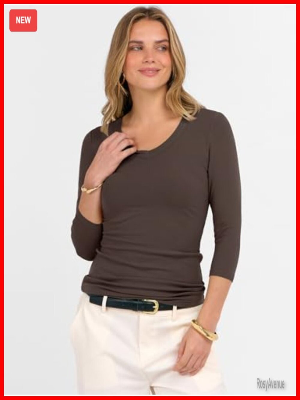 Women's Ribbed Knit V-Neck 3/4 Sleeve Slim Fit T-Shirt - Picture 6 of 7